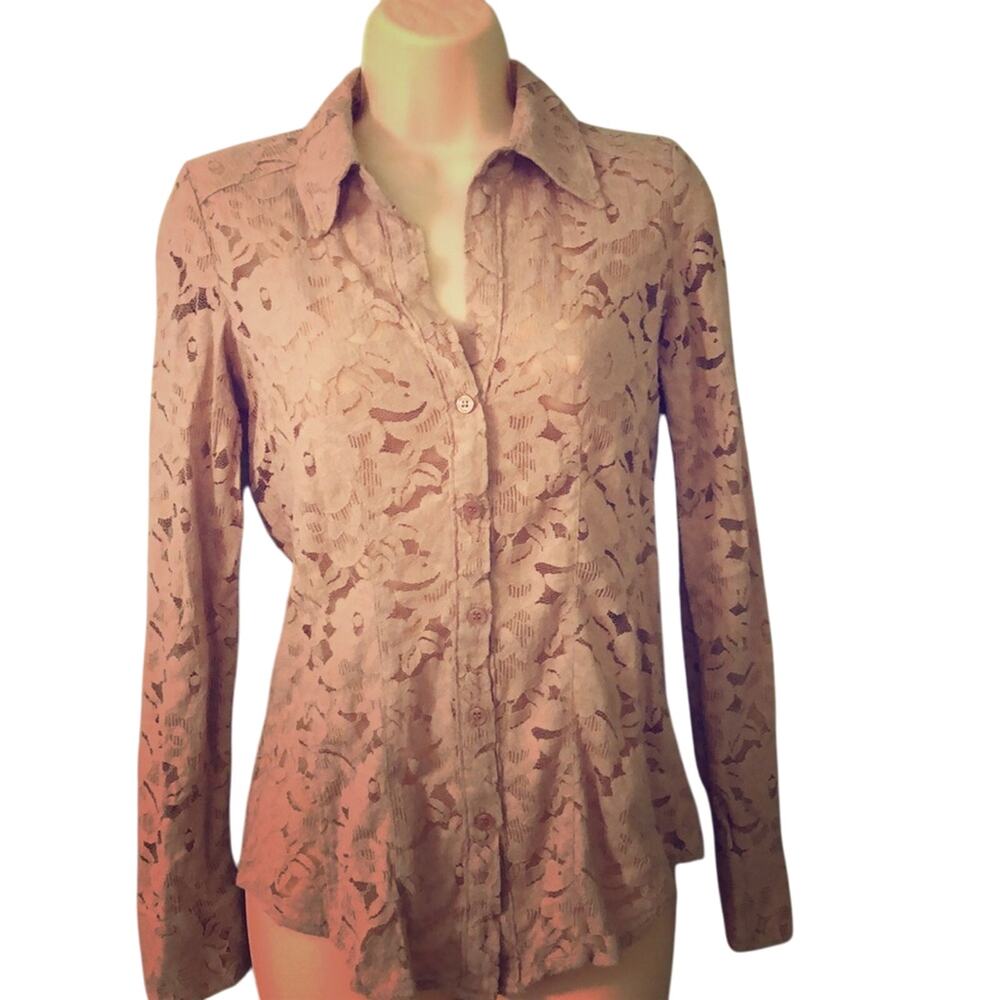 New York & Company  Lace Blouse Woman Size XS Button Up Long Sleeve Collar Cuffs